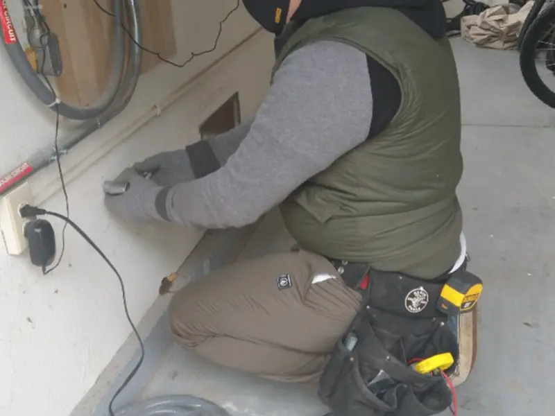 Electrician performing outlet wiring in a North Braddock garage